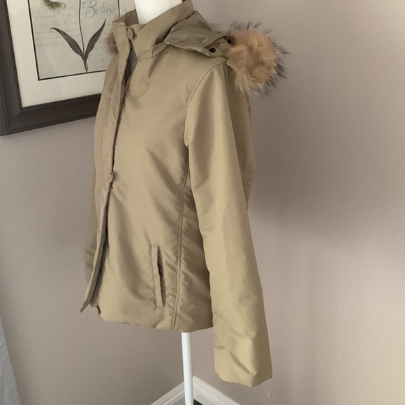 Light olive green jacket with collar 100% genuine raccoon fur size 8 - Picture 8 of 13